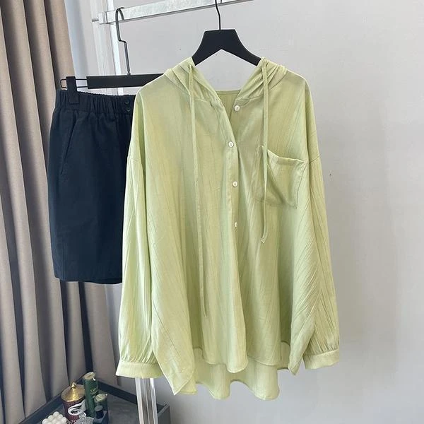 大码粉色连帽衬衫女宽松高级感韩版休闲百搭防晒衫衬衣外穿上衣薄