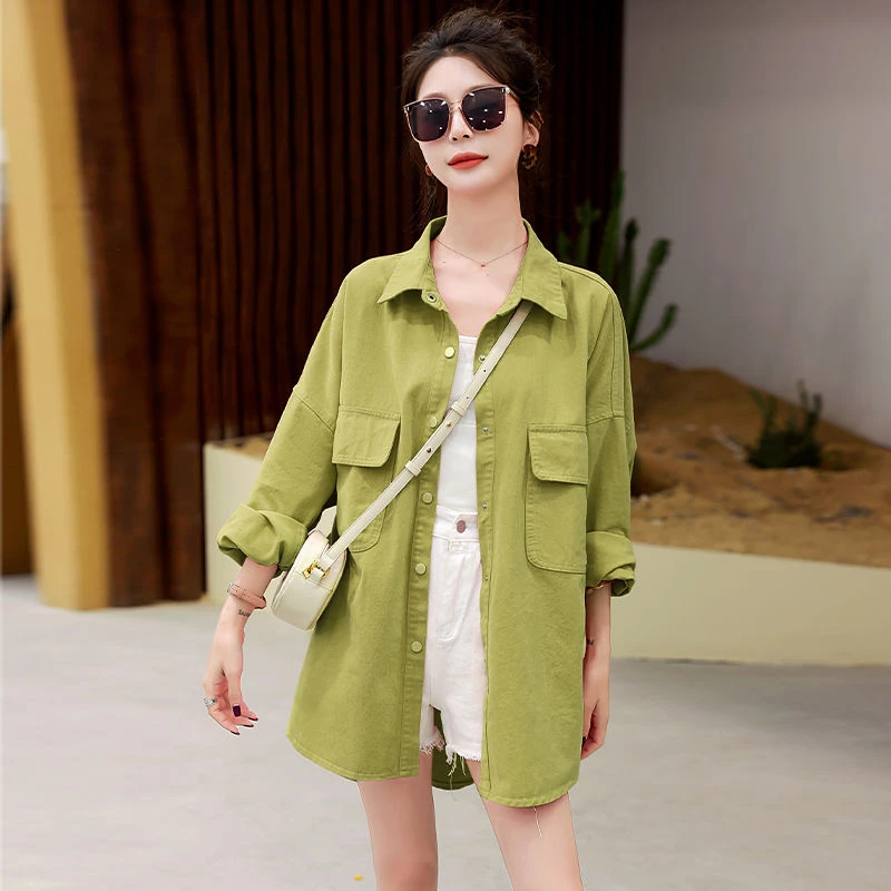 大码2024春季新款糖果色宽松衬衫女休闲百搭洗水棉小个子衬衣外套