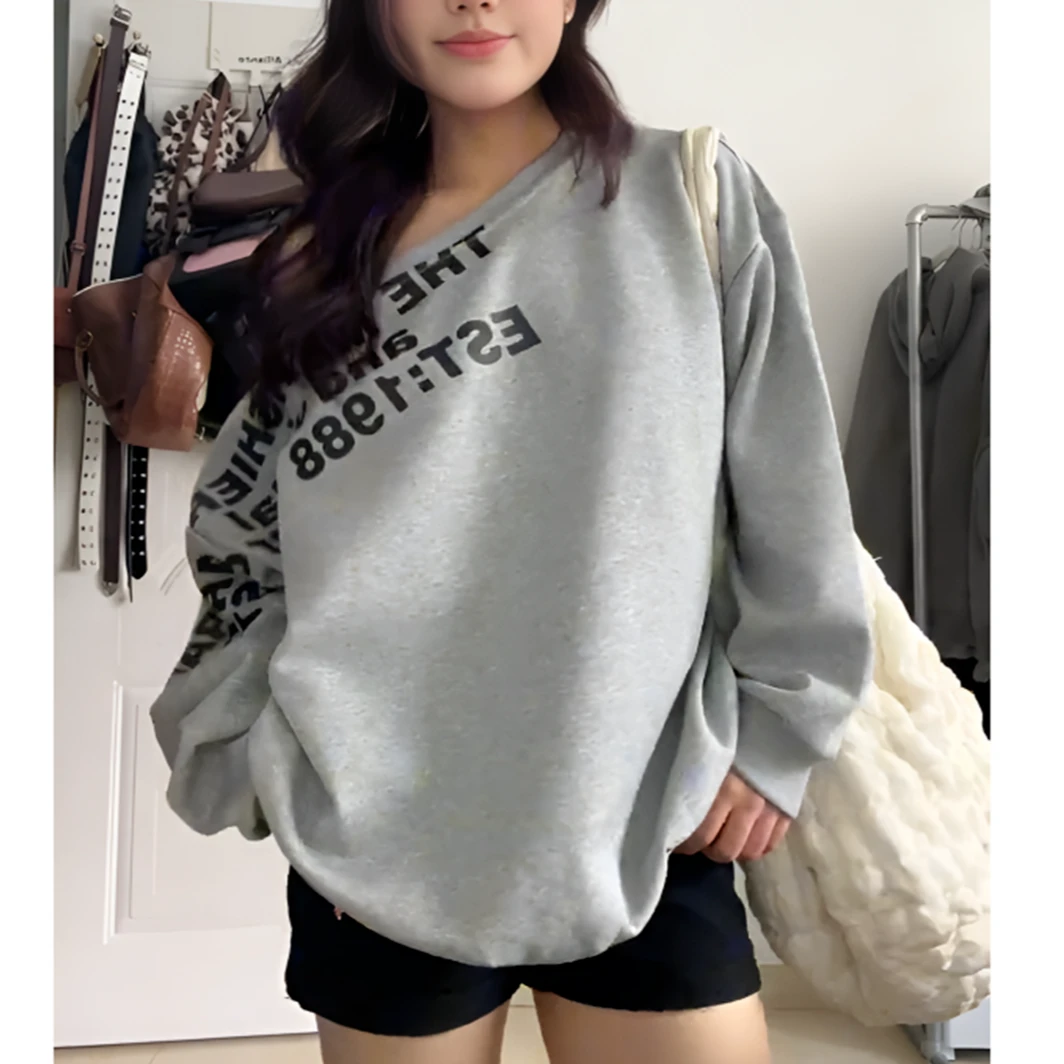 美式慵懒风辣妹露肩字母印花卫衣女秋季设计感宽松显瘦套头上衣潮