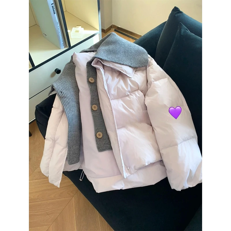 韩系短款假两件拼接棉服女秋冬季新款加厚保暖棉衣宽松面包服外套
