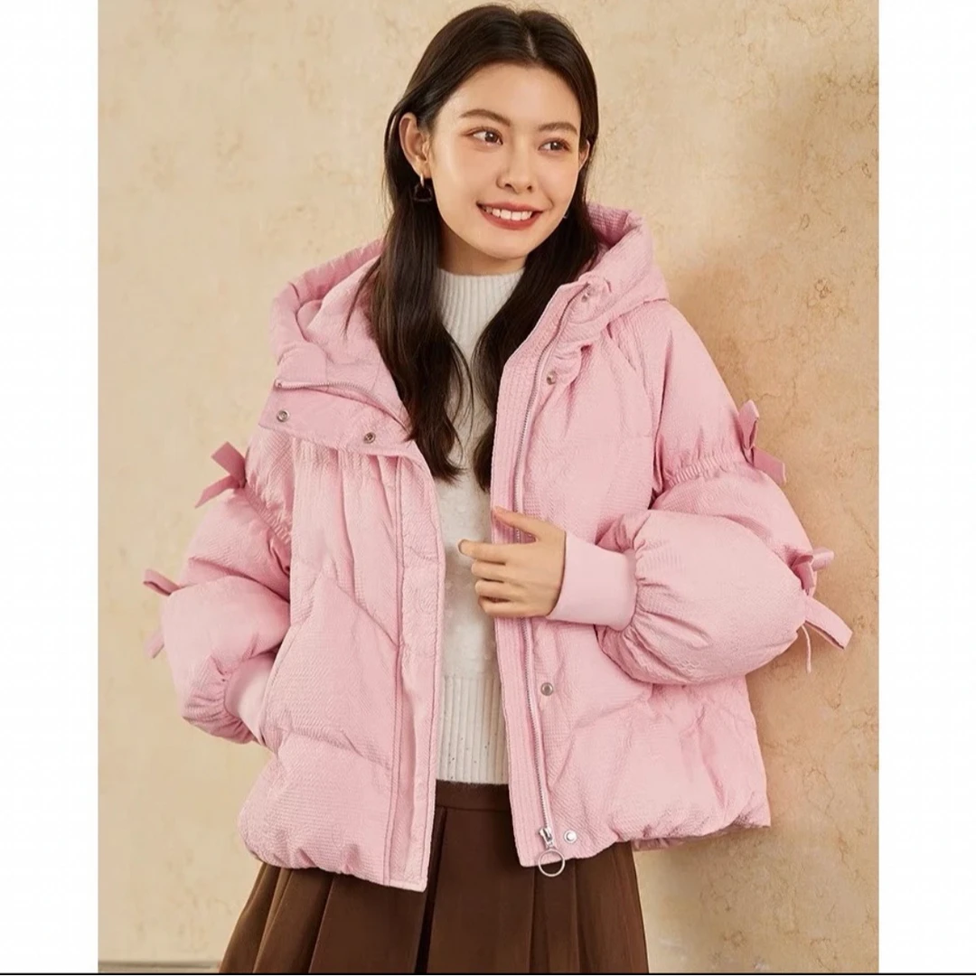 IEF/爱依服短款羽绒服女冬新款日系甜美宽松灯笼袖蝴蝶结连帽外套