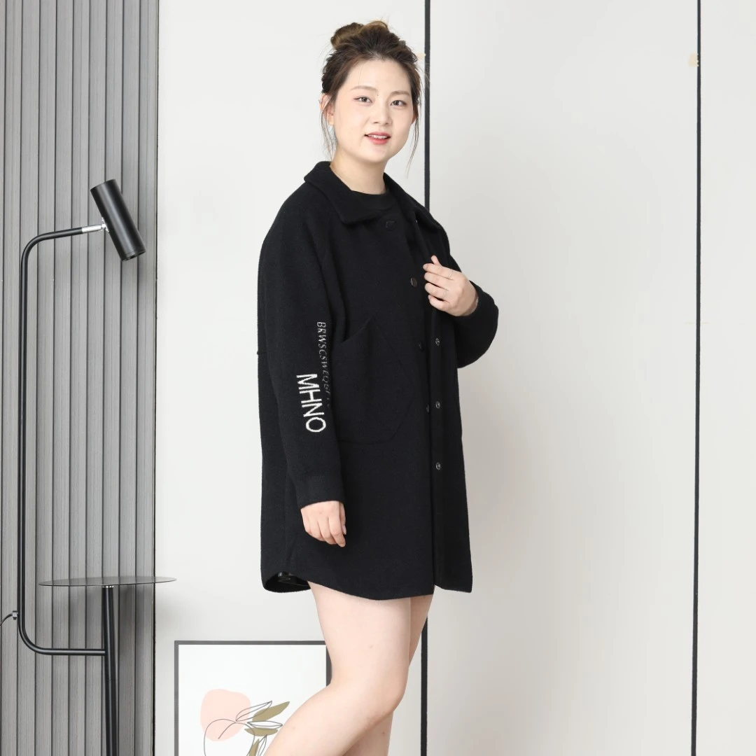 胖华大码秋冬时尚针织中长款外套翻领开衫百搭休闲22919