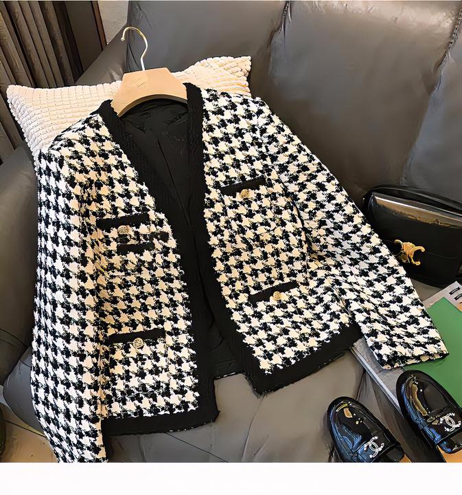 2024年春秋新款时尚百搭千鸟格小香风短外套女高级感气质名媛上衣