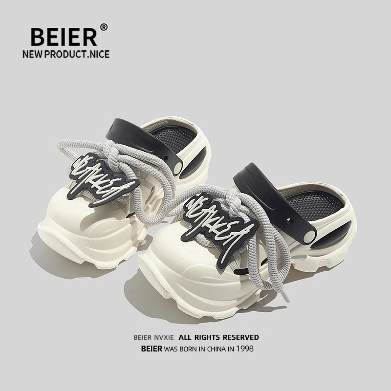 BEIER包头半拖鞋女外穿2024夏季新款增高厚底防滑沙滩凉拖鞋2403