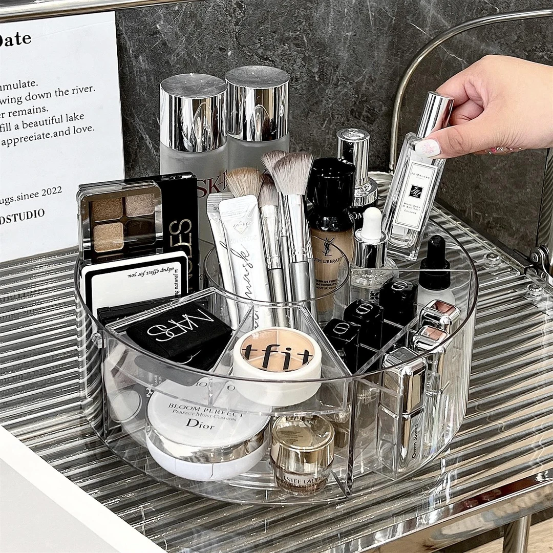 高级感化妆品收纳盒桌面亚克力透明可旋转分格口红护肤品置物架子