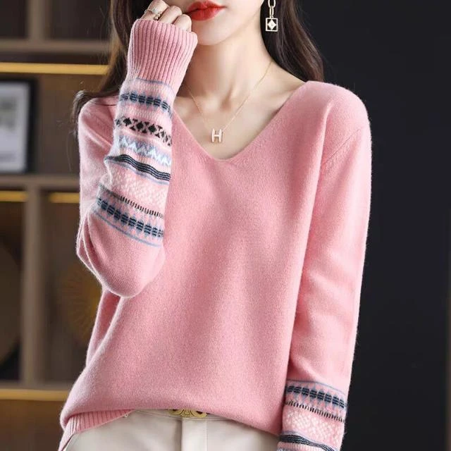 秋冬新款V领打底衫女长袖法式纯色鸡心领针织衫宽松套头毛衣打底