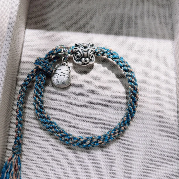 足银手链 足银999 醒师招财猫手链 纯手工编织