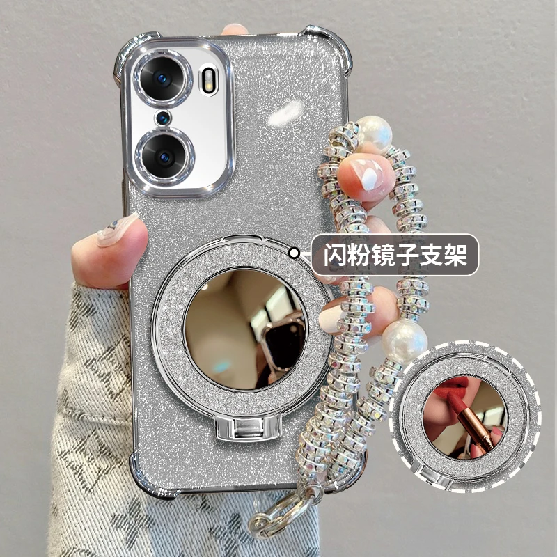 适用于华为荣耀60pro手机壳闪粉镜子支架四角防摔软壳补妆镜网红