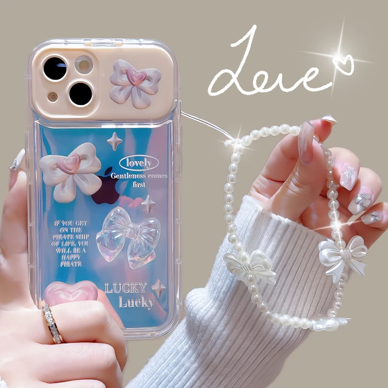 适用于苹果华为vivooppo小米手机壳立体蝴蝶结翻盖镜子女款保护套