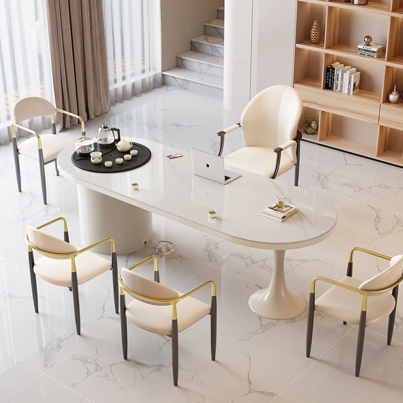 奶油风岩板茶桌轻奢现代简约高级感美容院办公室一体泡茶台