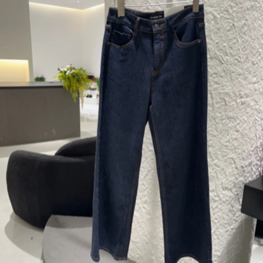 花匣子牛仔裤女2024冬款抓绒版阔腿裤深蓝色百搭神器503156–1