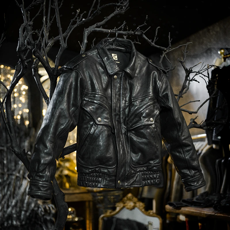 莫臣新款男装植鞣工艺牛皮真皮皮衣修身短款机车黑色皮夹克2345