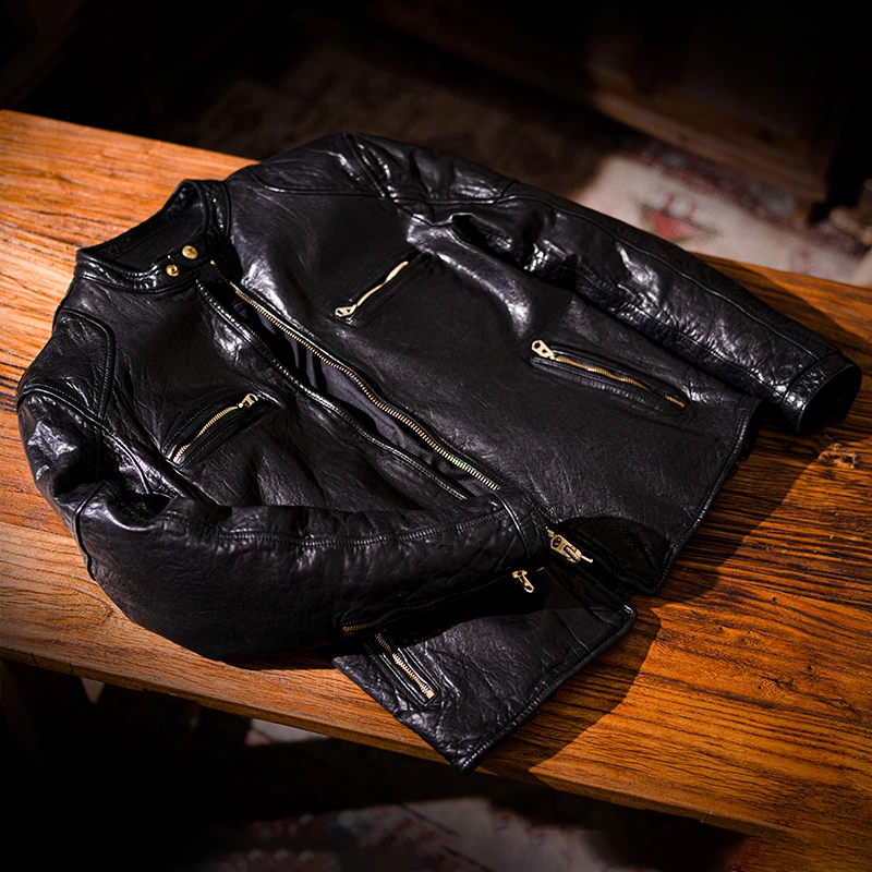 莫臣男装秋季新款机车植鞣绵羊皮男士短款机车真皮皮衣夹克18-40A