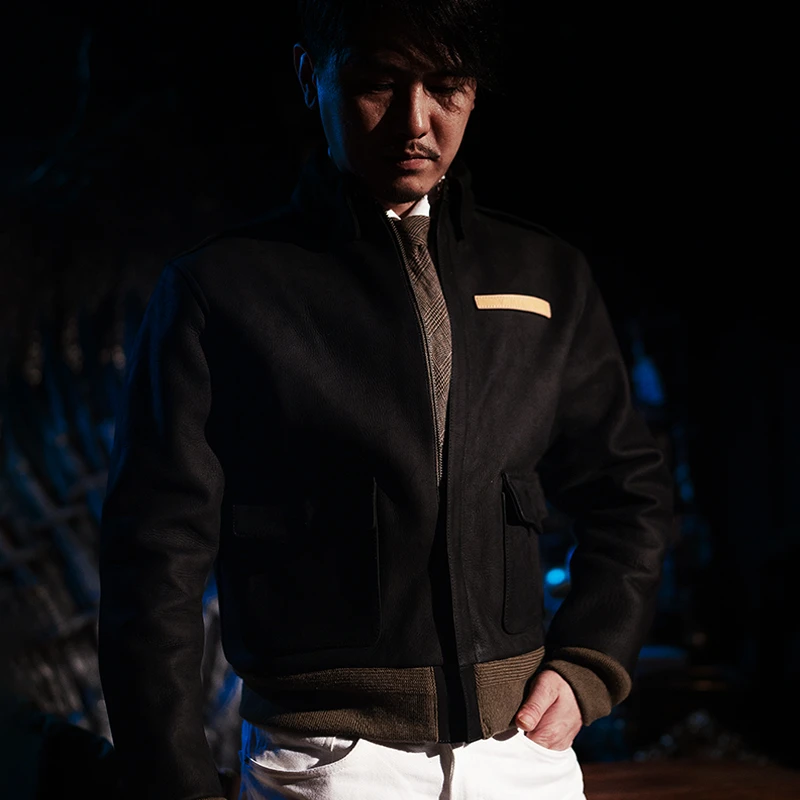 莫臣男士‌重工油蜡无涂层牛皮小翻领商务简约男士真皮皮衣外套A2