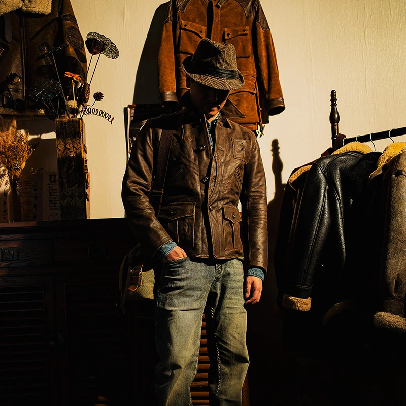 男士头层牛皮翻领做旧款做旧色多口袋骑士真皮皮衣男皮夹克 A517