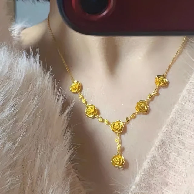 铜合金项链金色玫瑰花枝套链女时尚复古风小百搭锁骨链气质颈链