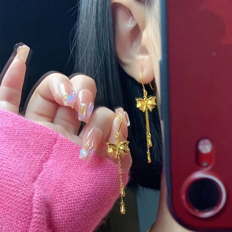 法式金色蝴蝶结耳环女士小众在逃公主时尚潮流百搭轻奢重工耳饰品