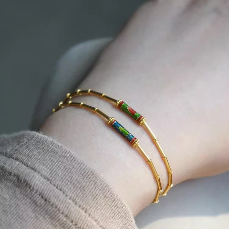 铜合金手链 黄金色烧蓝竹节手链气质古法手串转本命本命年五彩