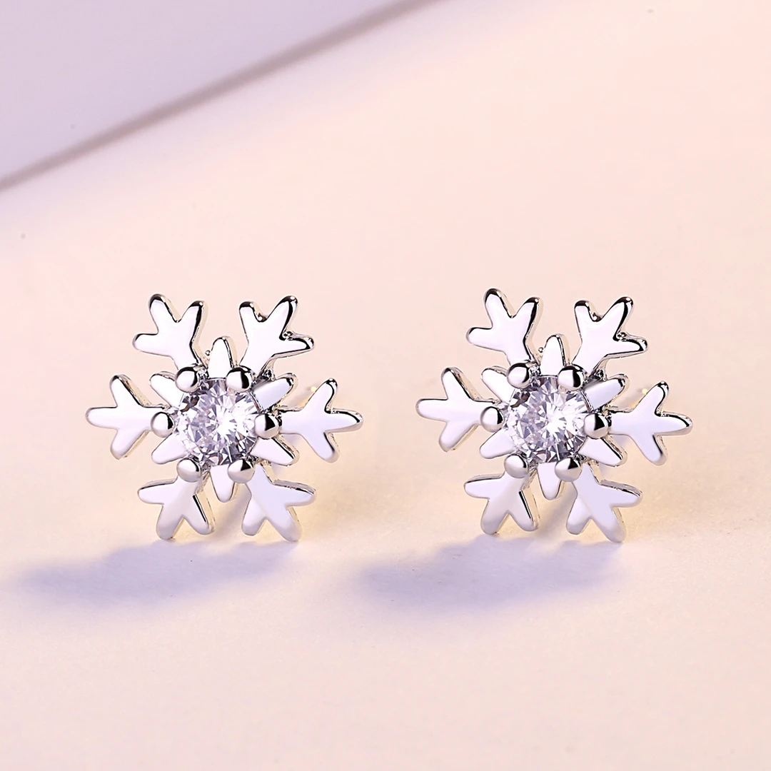 足银耳饰 通体银耳环雪花耳钉女简约时尚精致百搭镶钻锆石个