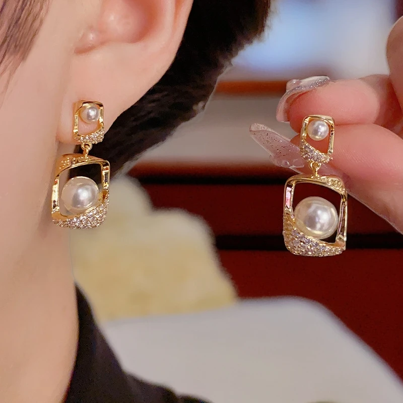 s925银针百搭气质轻奢优雅微镶几何珍珠时尚小香风网红复古法式