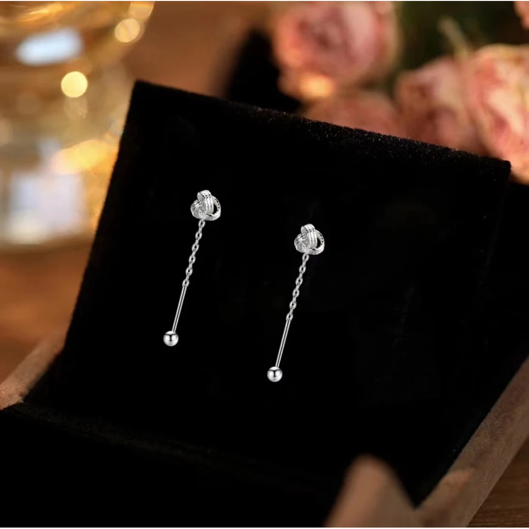 足银耳饰 如意结耳线女999通体银吉祥圆球螺丝拧扣耳钉简约