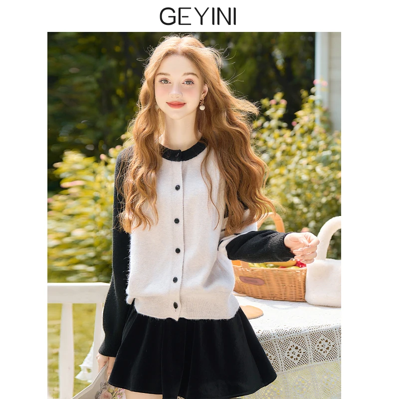 学院风针织开衫外套女秋季2025新款小个子宽松慵懒风上衣拼接毛衣