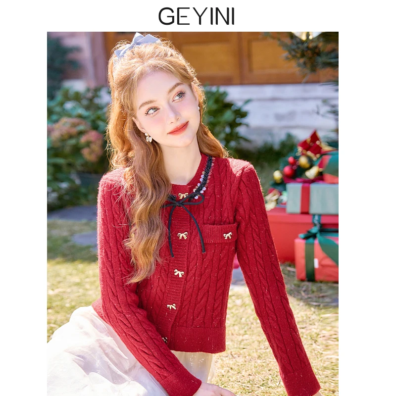 2025秋冬新款女甜美加厚红色新年麻花毛衣开衫外套上衣针织衫