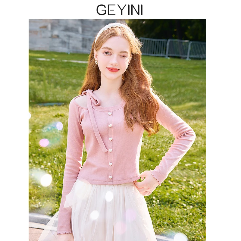 歌依妮2025春秋新款女小个子短款粉色长袖露肩针织打底衫上衣T恤