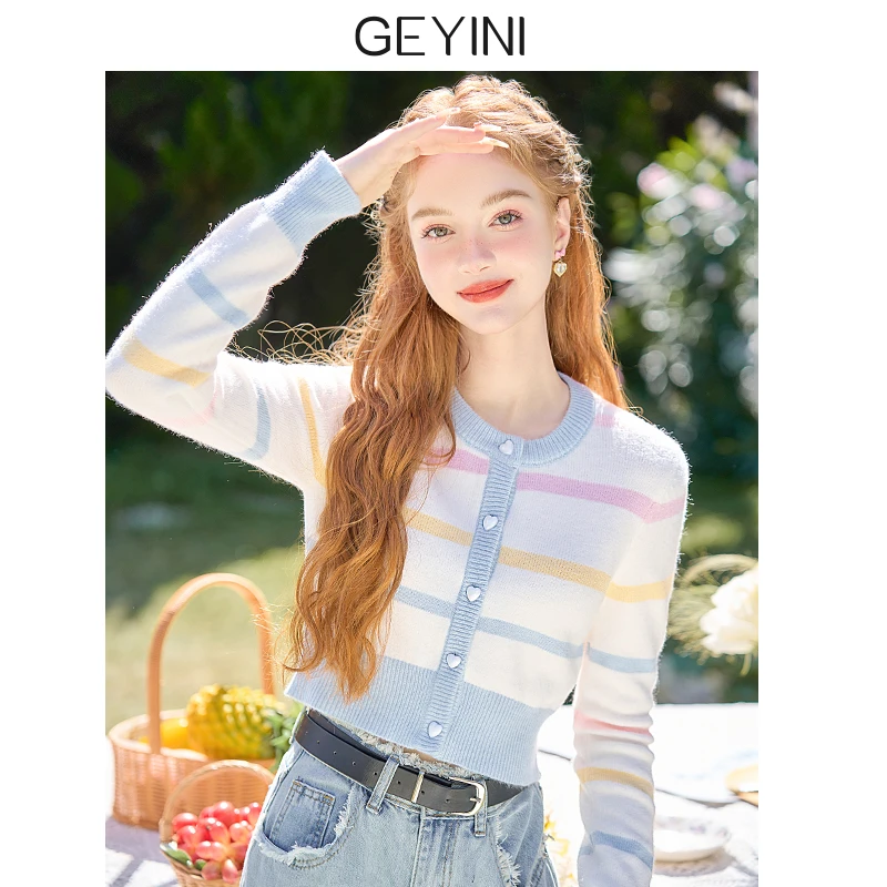 【杏儿专属】彩色条纹针织开衫女小个子短款圆领修身毛衣长袖针织衫