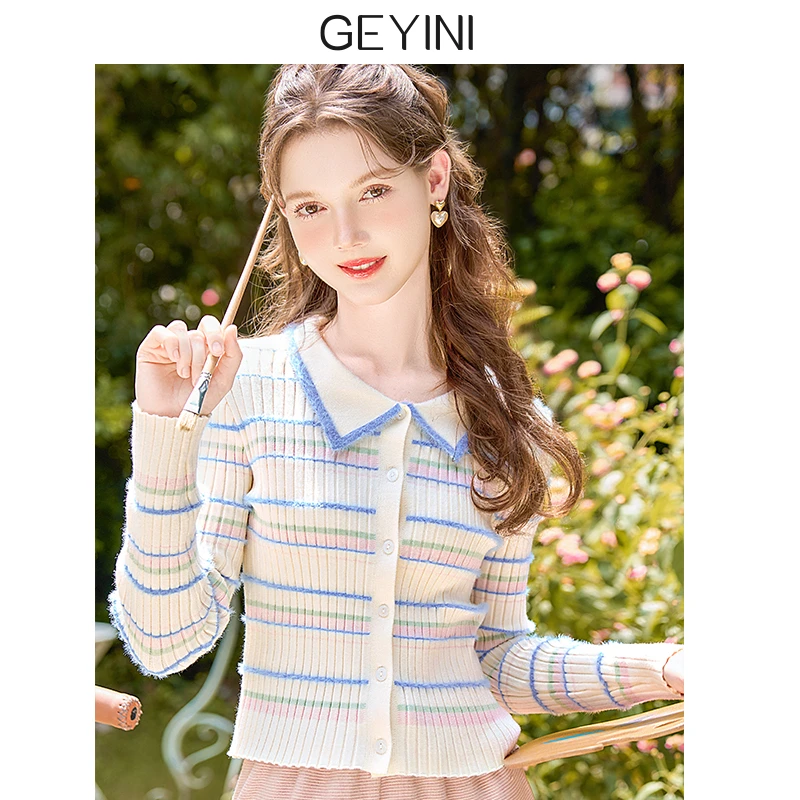 2025秋冬新款女甜美POLO领条纹小个子长袖毛针织衫毛衣打底衫上衣