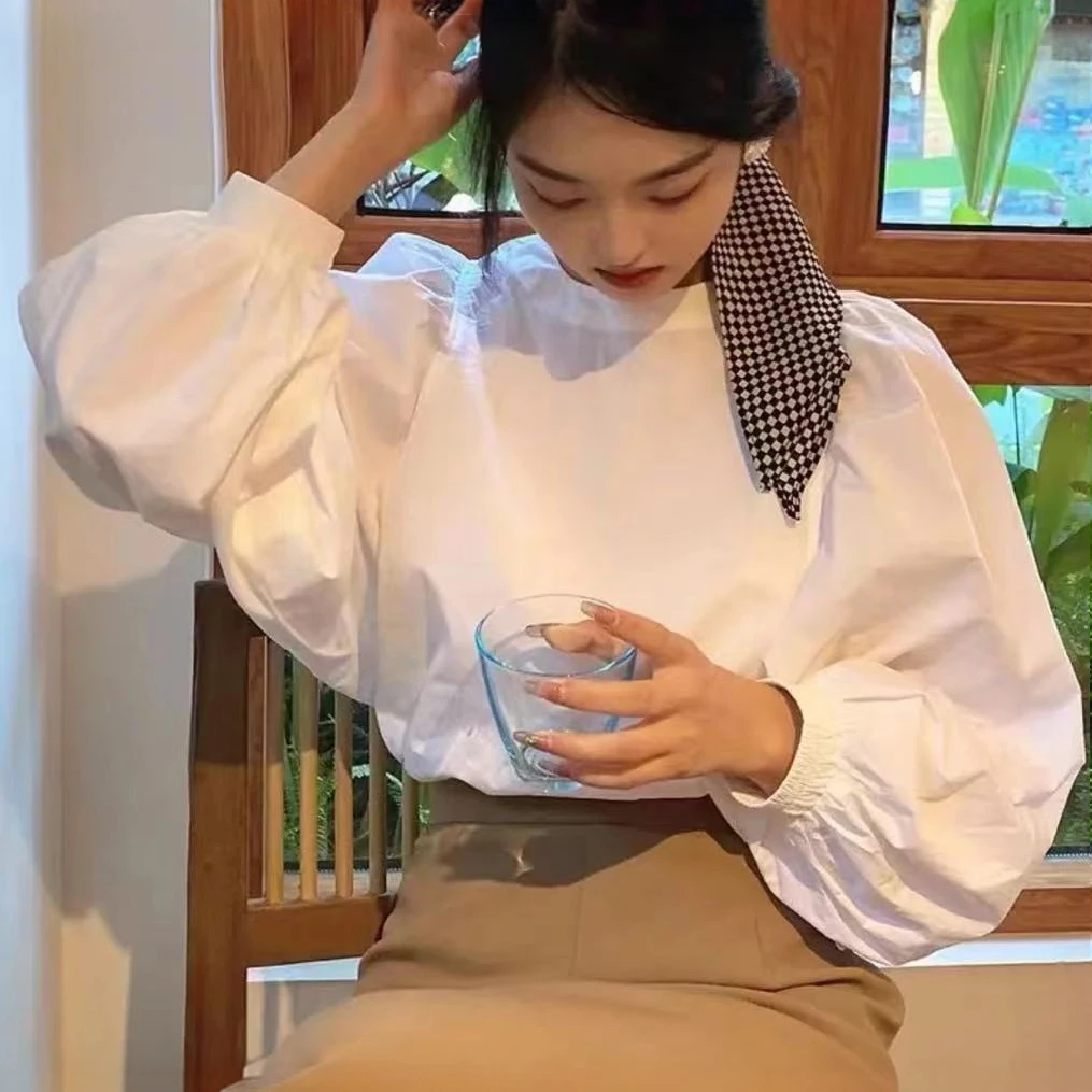 法式宽松气质纯欲慵懒风女装白色泡泡袖衬衫网红洋气白色衬衫女款