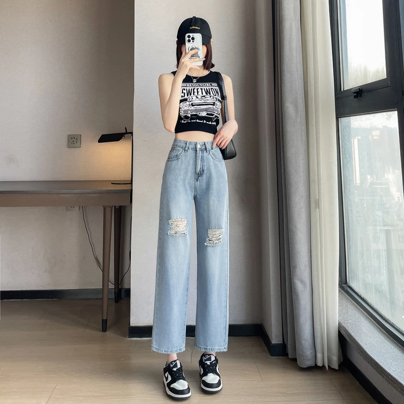 2024夏季新款破洞牛仔裤女薄款直筒裤阔腿裤九分裤宽松3135