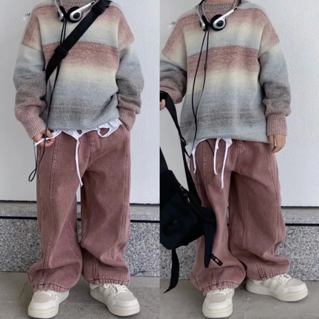 儿童韩版加绒冬款一体绒宽松时尚高街百搭洋气简约直筒复古牛仔裤