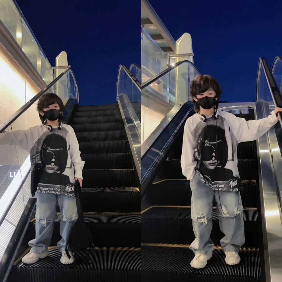 乐乐家儿童韩版洋气百搭长袖秋季中大童水印图案卫衣上衣打底衫