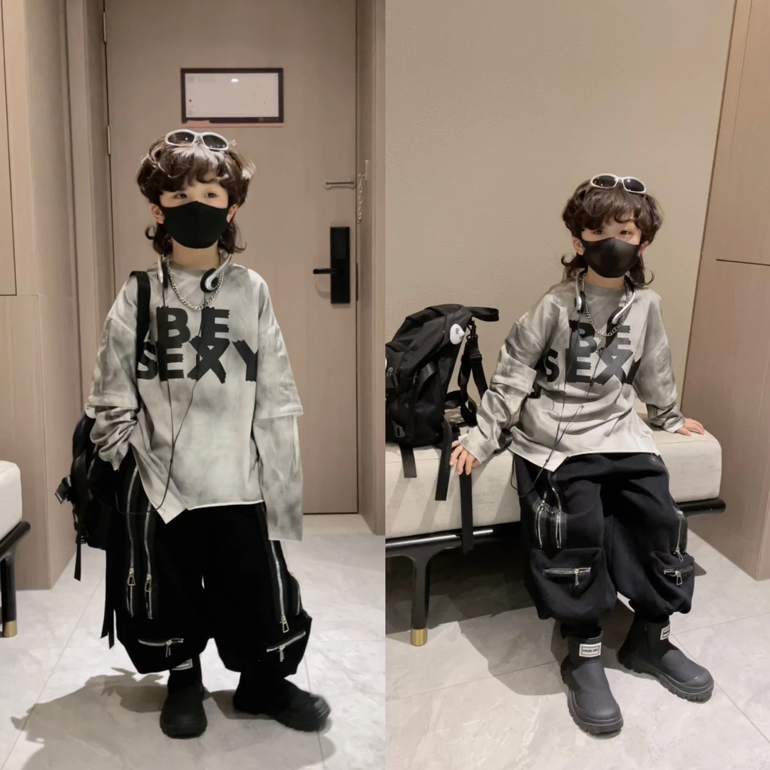 乐乐家儿童春秋款打底衫宽松休闲时尚印花复古喷绘脏脏长袖卫衣