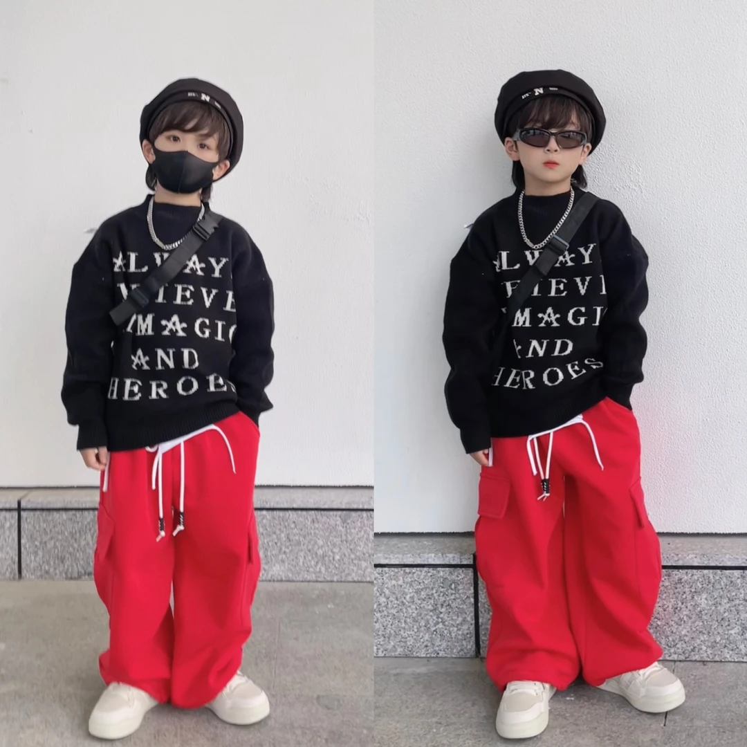 乐乐家儿童秋冬款美式复古字母提花针织衫宽松慵懒风毛衣