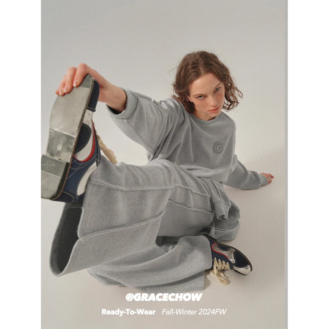 GRACE CHOW【周扬青】毛巾绒字母刺绣休闲圆领卫衣+长裤