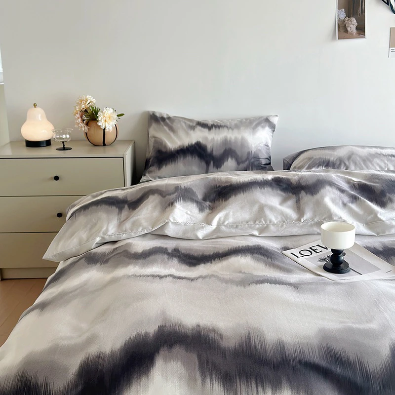北欧极简男友风晕染黑条纹床上四件套全棉纯棉1.5m1.8被套床单