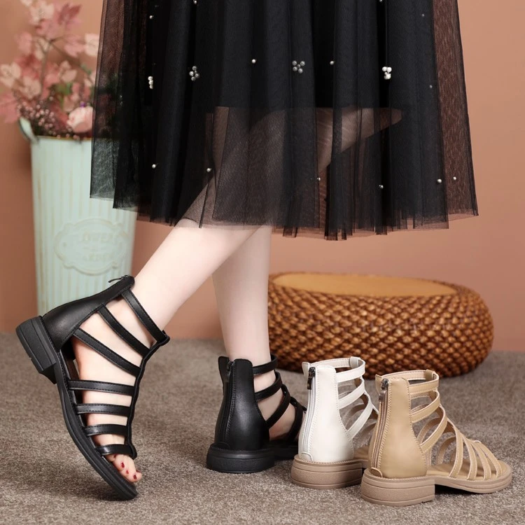 罗马鞋镂空凉鞋女夏季2025年新款复古平底仙女风高帮凉靴简约透气