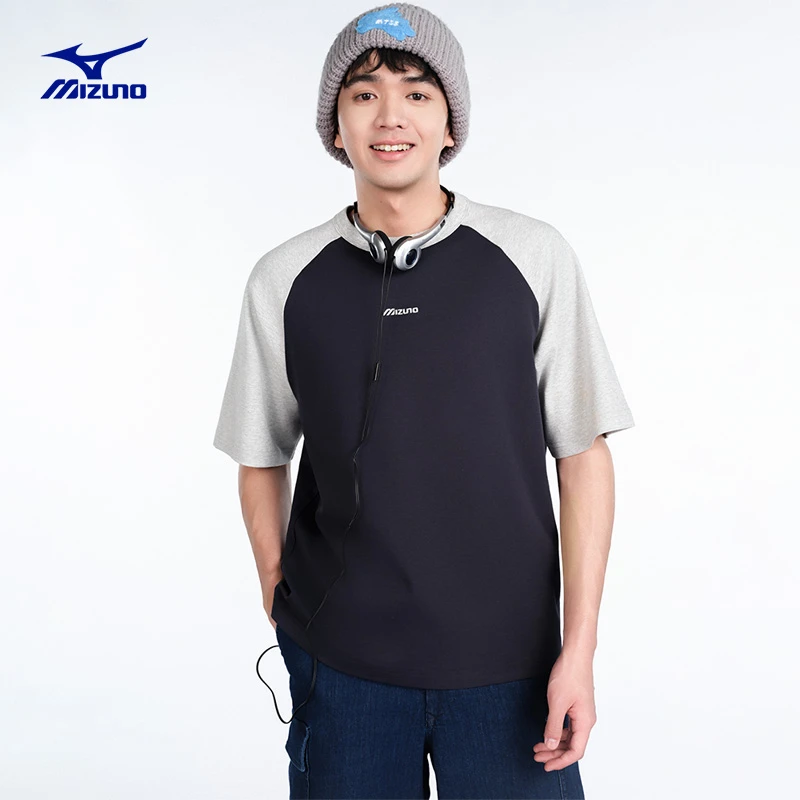 Mizuno/美津浓男女款春秋新款撞色插肩袖后背印花宽松落肩半袖T恤
