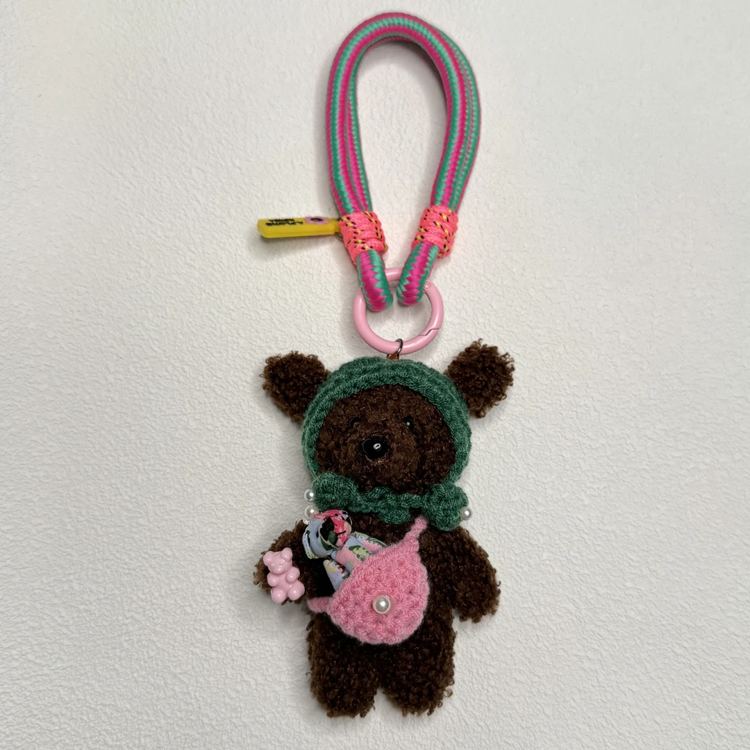 A.FLORE韩国原创手工可爱包包挂件挂饰绿头套粉斜挎包小黑熊