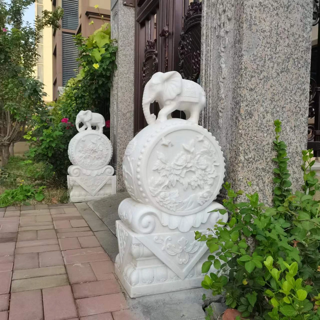 汉白玉门墩庭院别墅门口摆件抱鼓石一对吉象如意款门当石卖家推荐