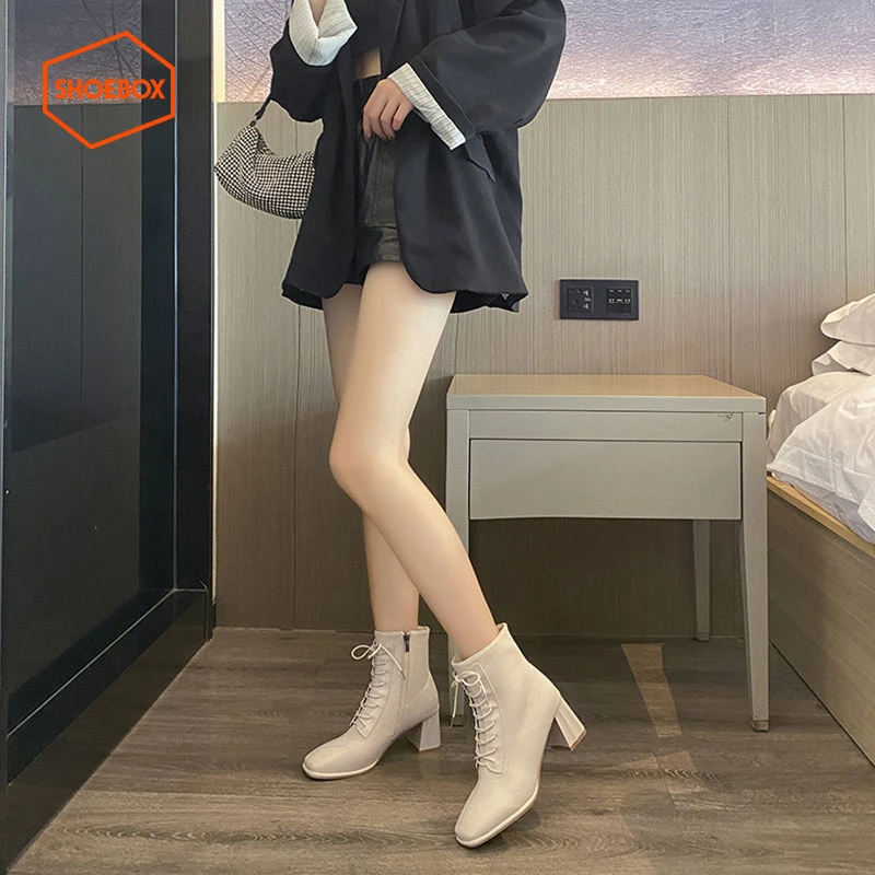 SHOEBOX鞋柜2023新款秋冬靴子女黑色厚底高跟法式复古马丁靴短靴