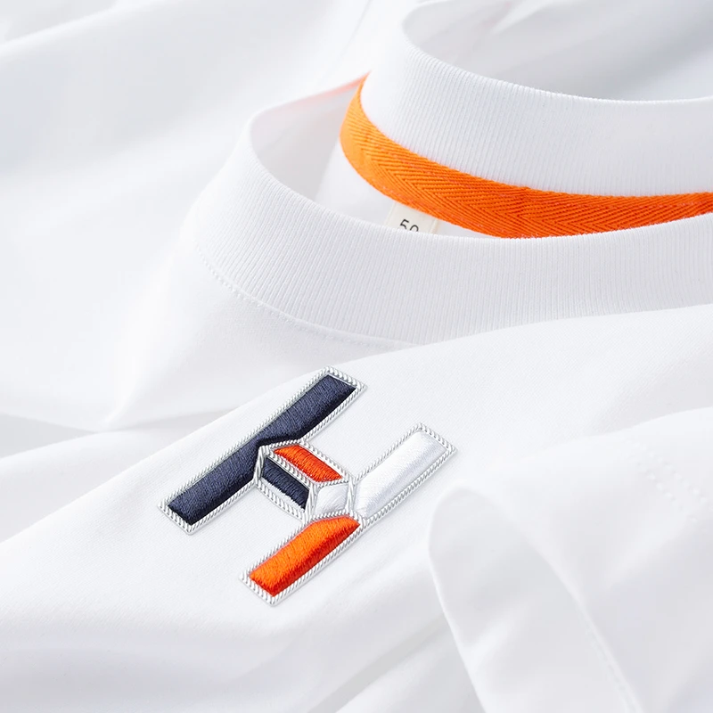 轻奢夏季薄款冰丝双丝光棉白色t恤男短袖修身刺绣字母圆领半袖男