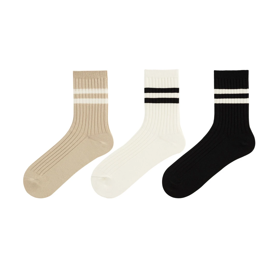基础款条纹休闲运动女袜 韩国百搭条纹春夏款双针潮流中筒袜子女