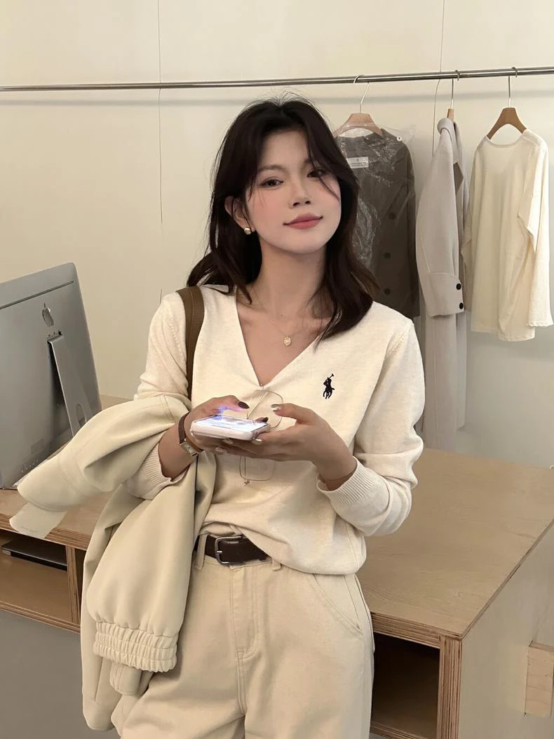 超火发财小马刺绣针织衫打底内搭女秋冬款高领半高领V领圆领上衣