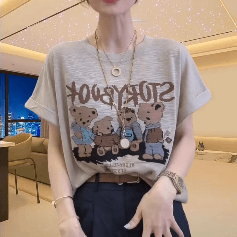 气质宽松印花t恤上衣女士2024夏季大码休闲百搭纯色薄款圆领小衫