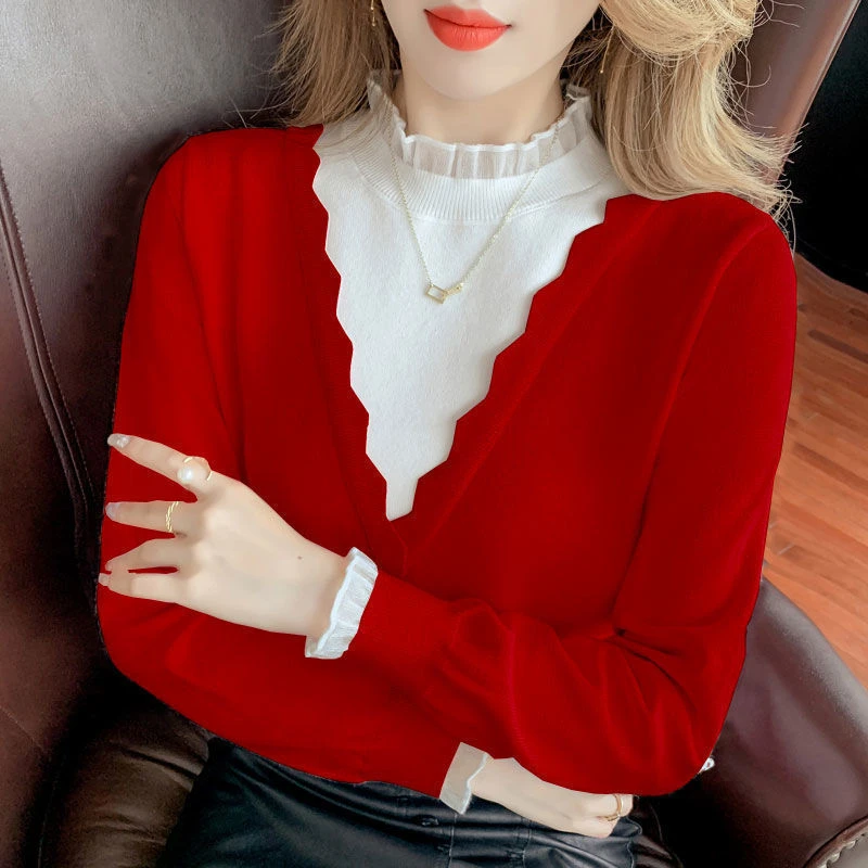 假两件拼接打底针织衫毛衣女长袖上衣春秋甜美洋气套头百搭气质