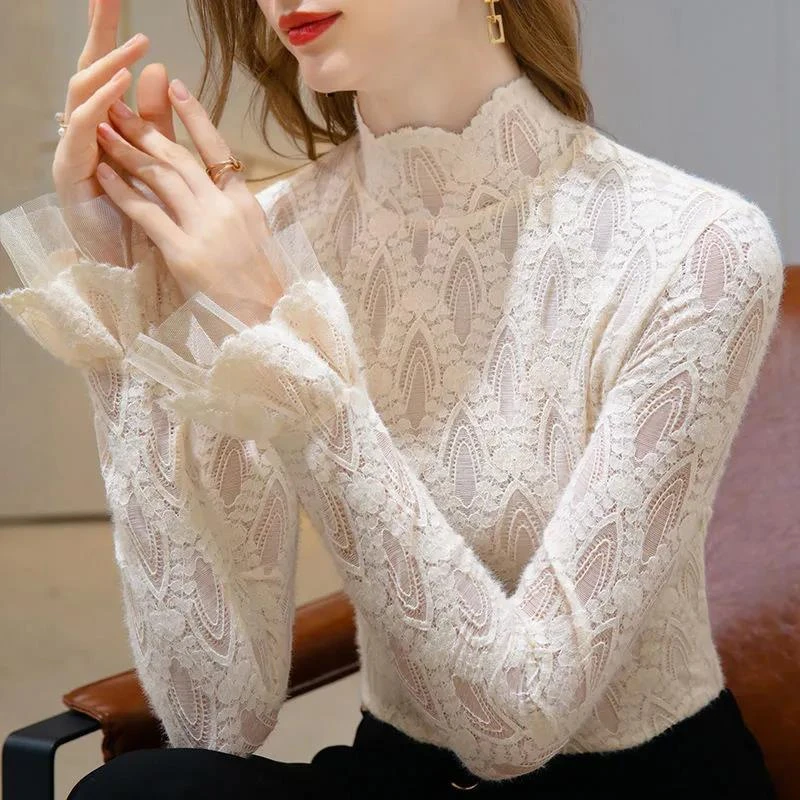 2025半高领显瘦长袖t恤女秋冬新款洋气打底小衫蕾丝打底衫上衣潮