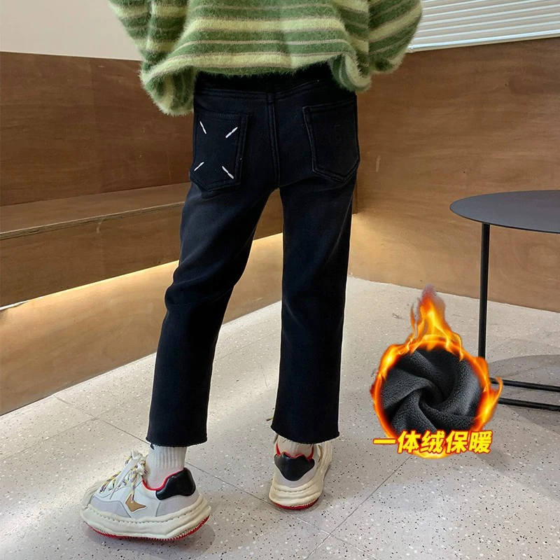 女童加绒牛仔裤弹力烟管裤儿童一体绒裤冬季女孩修身百搭加厚裤子